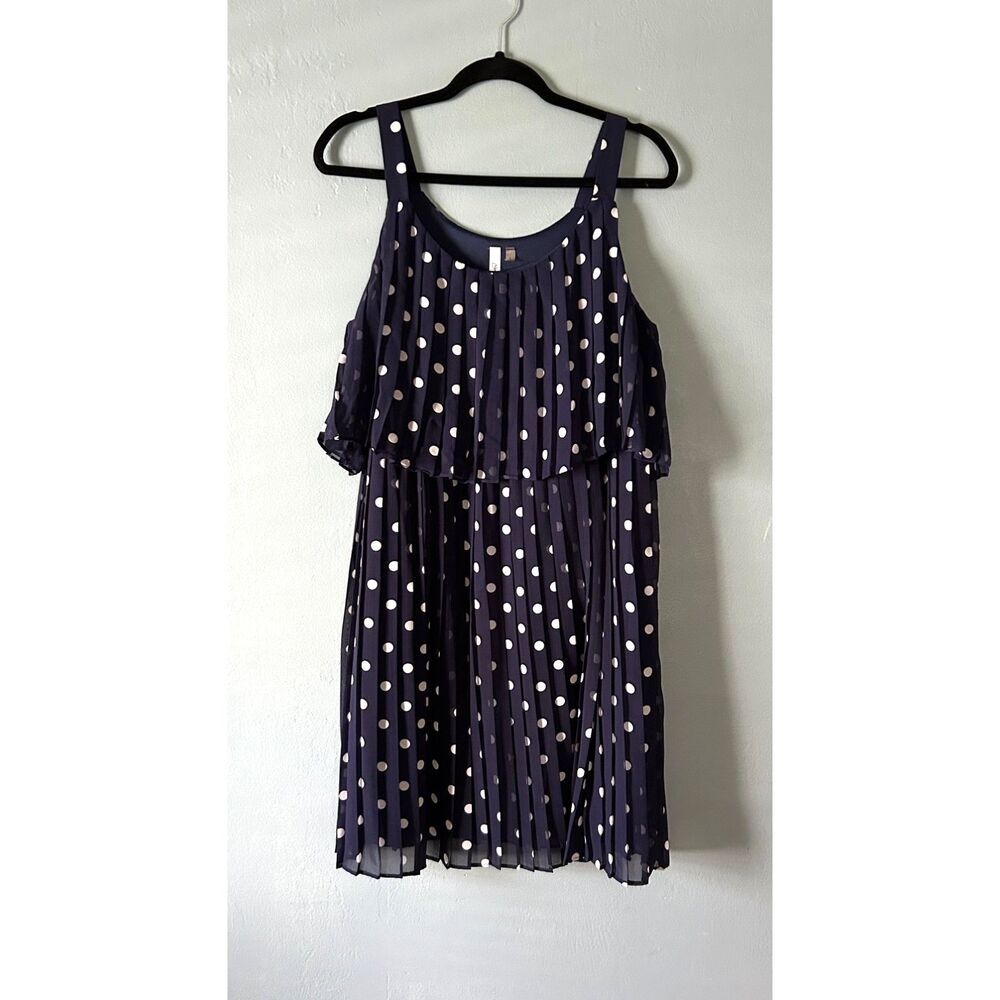NY Collection navy blue polka dot pleated sleeveless dress size large